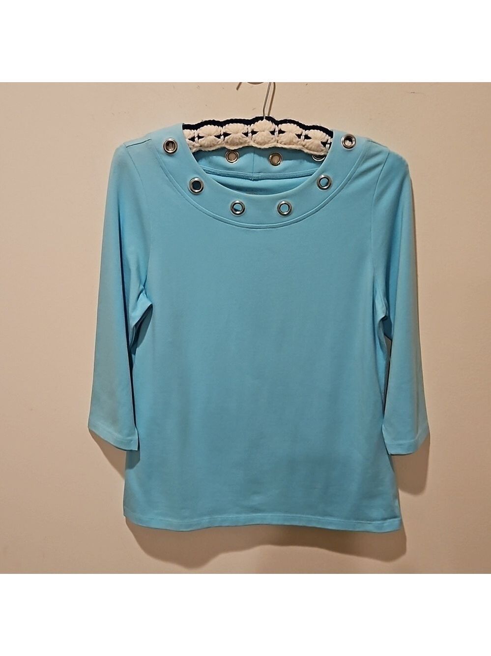 E.L.I WOMEN'S AQUA PERUVIAN PIMA COTTON TOP QUALITY KNIT PULLOVER TOP SIZE M